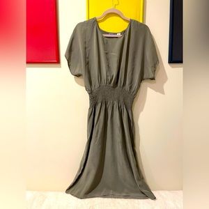 Green/army silk ,short sleeves, midi dress